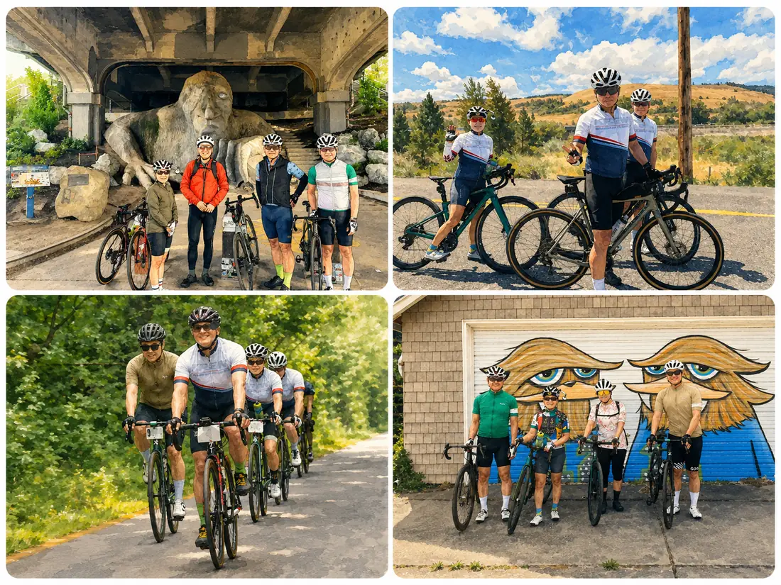 Stylized collage of KREW rides around Washington, rendered in a soft editorial watercolor style